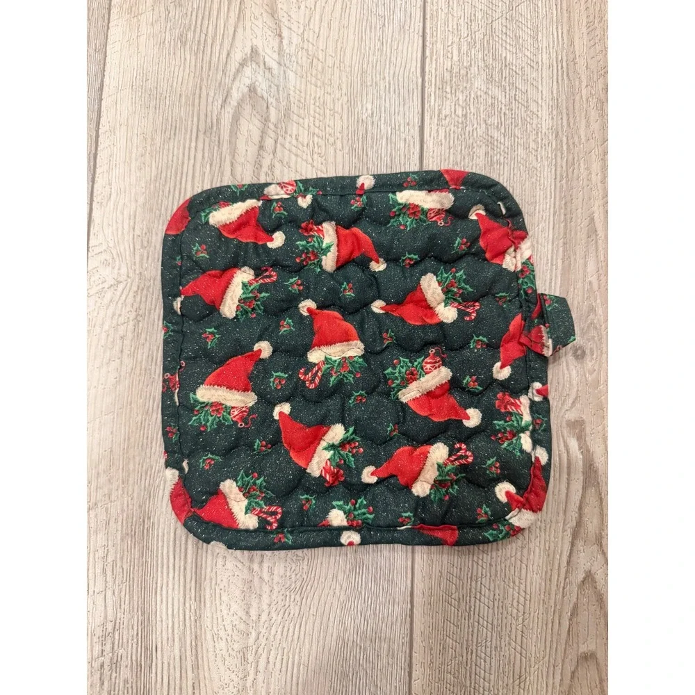 Vintage Christmas Potholder Set Snowman Tapestry & Santa Hat Cooking 2pc Holiday